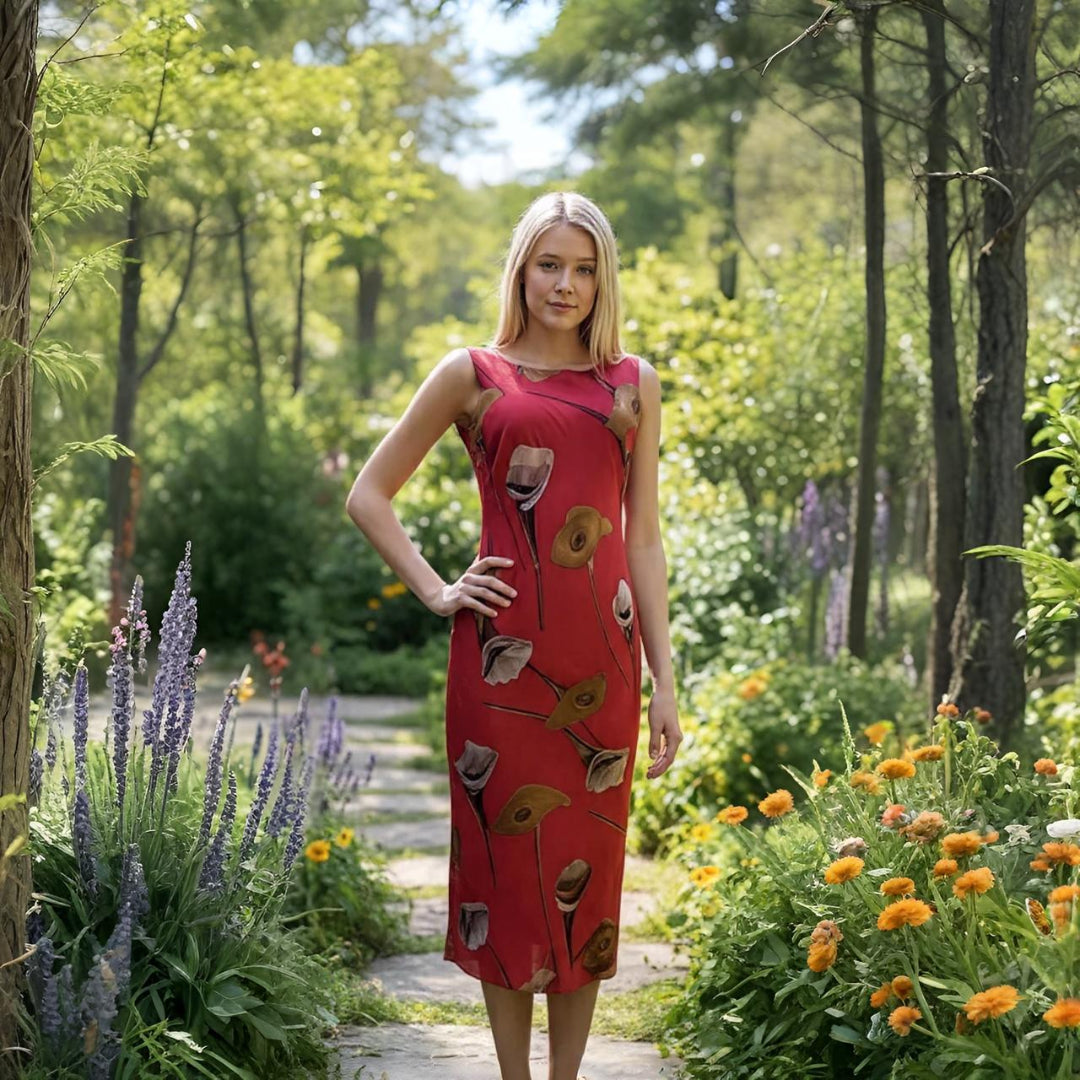 Vestido Mídi Vermelho Estampado