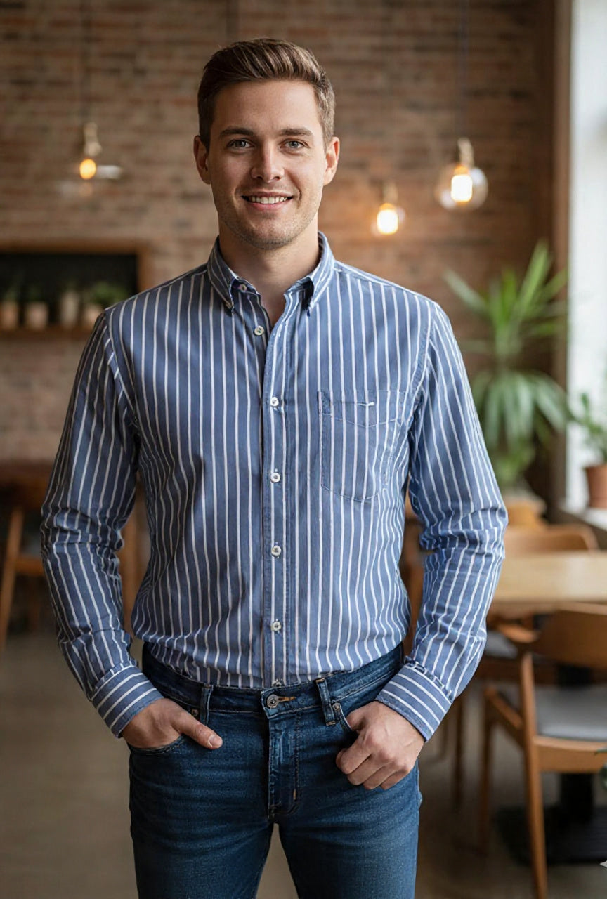 Camisa Masculina Manga Longa Listras Branco Azul Celeste