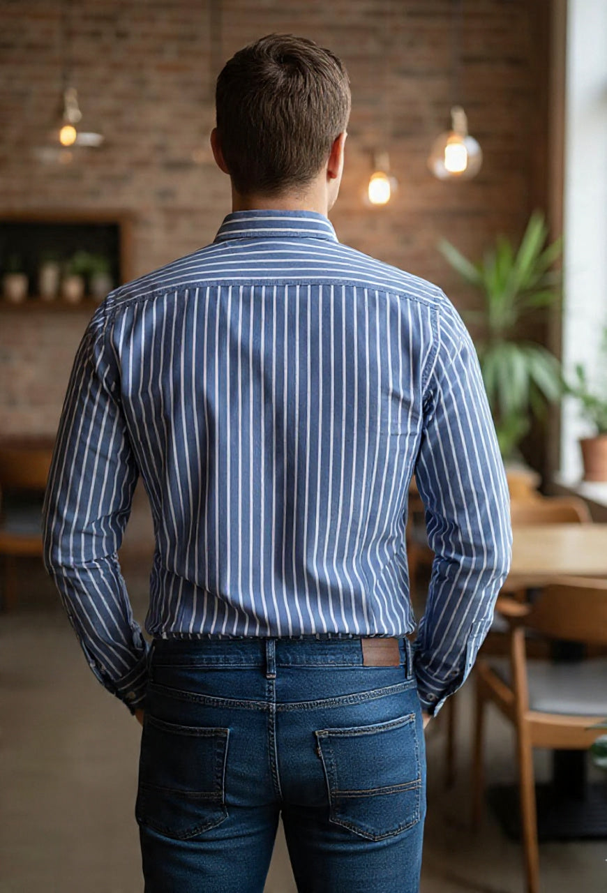 Camisa Masculina Manga Longa Listras Branco Azul Celeste